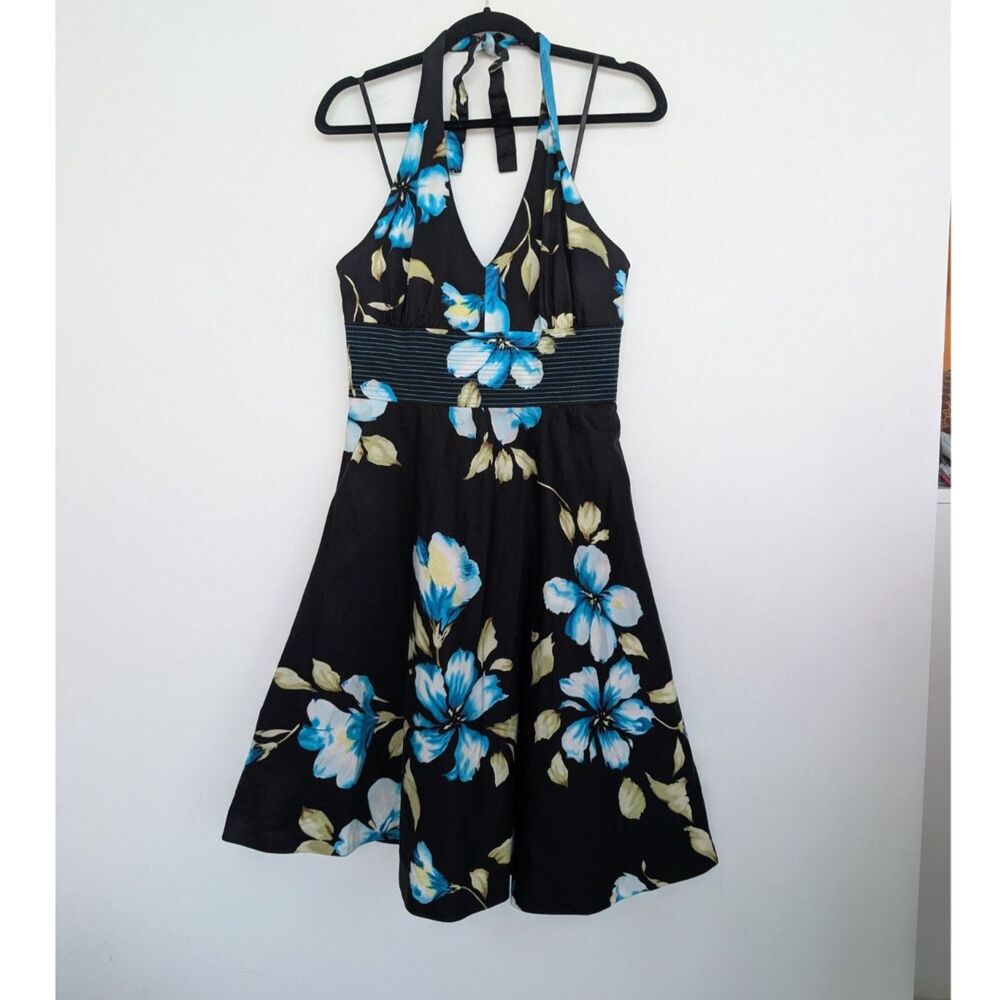 Vintage Halter Hawaiian Floral Fit Flare Dress Donna Ricco Sz 6 Black Blue